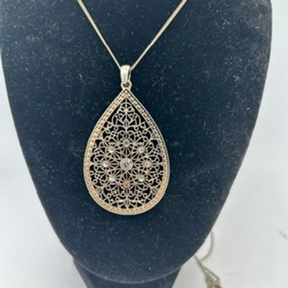 Gold Tone Filigree Teardrop Pendant Necklace with Rhinestone Accents